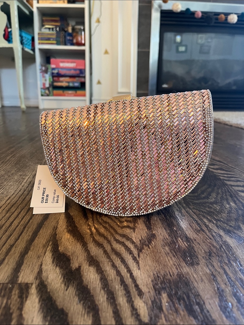 Rhinestone-Embellished Pink Half-Moon Evening Clutch
